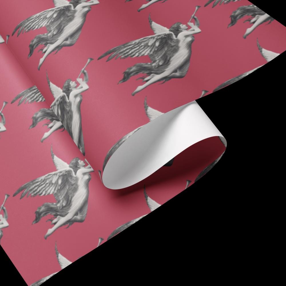 Vintage Cherub Wrapping Paper - Rose Pink Angel Design, Matte Finish (Set of 3 Sheets)